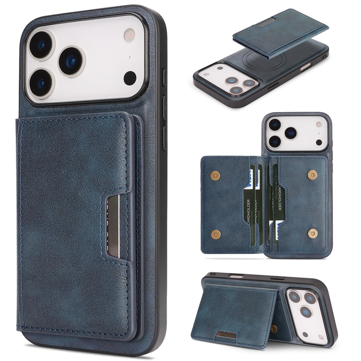 Compatible with iPhone 18 Pro Max Kalebol Strong MagSafe Magnetic Two-Fold Card Bag Leather Phone Case - Blue