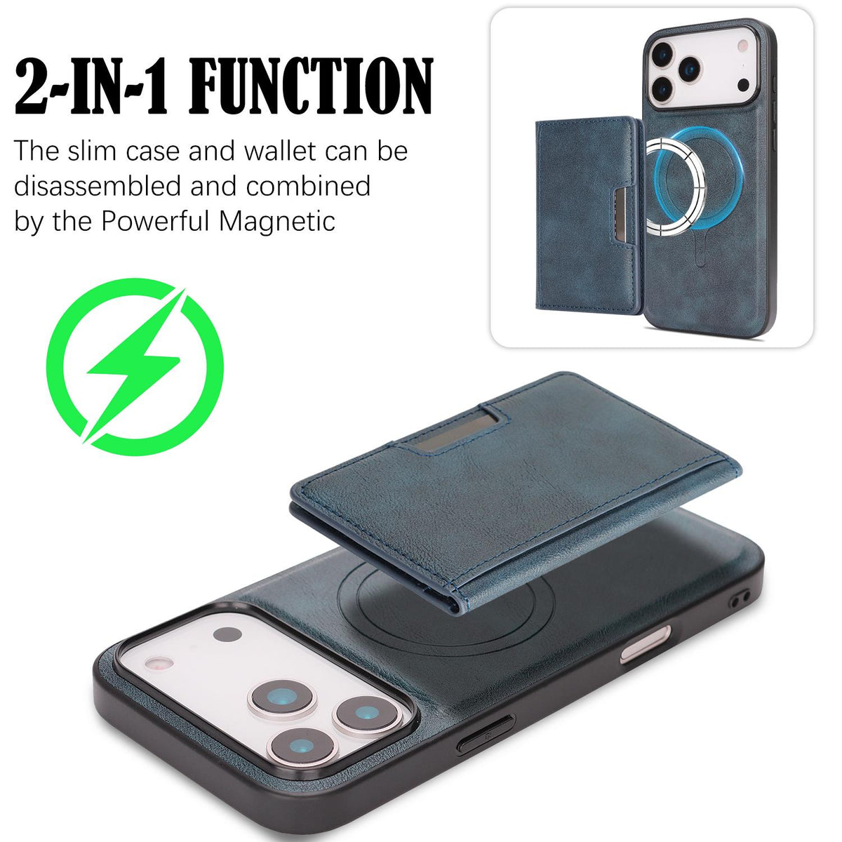 Compatible with iPhone 18 Pro Max Kalebol Strong MagSafe Magnetic Two-Fold Card Bag Leather Phone Case - Blue