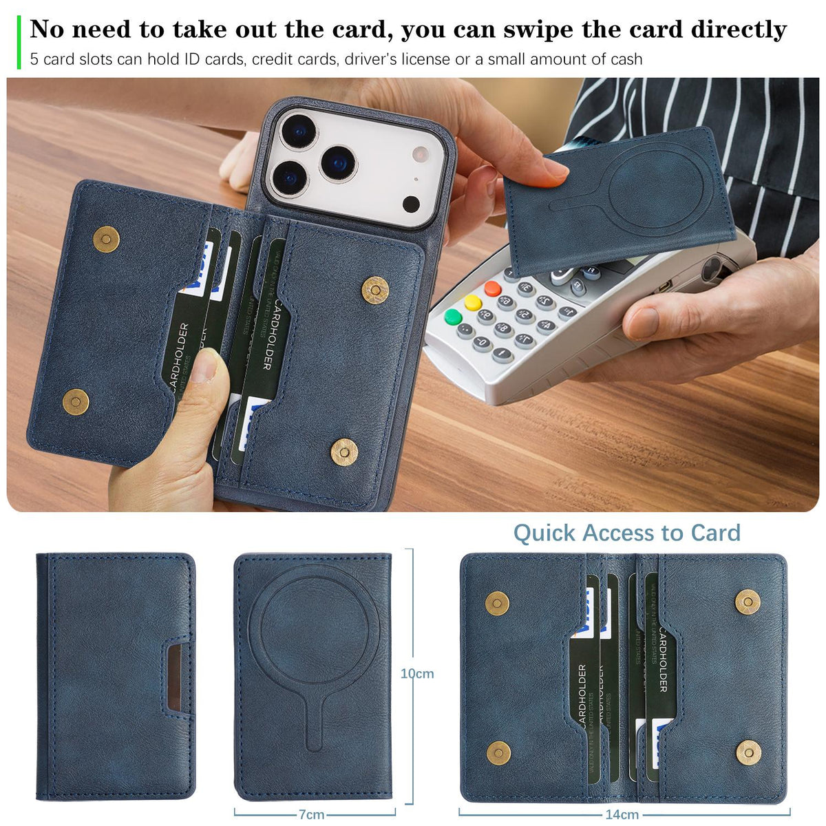 Compatible with iPhone 18 Pro Max Kalebol Strong MagSafe Magnetic Two-Fold Card Bag Leather Phone Case - Blue