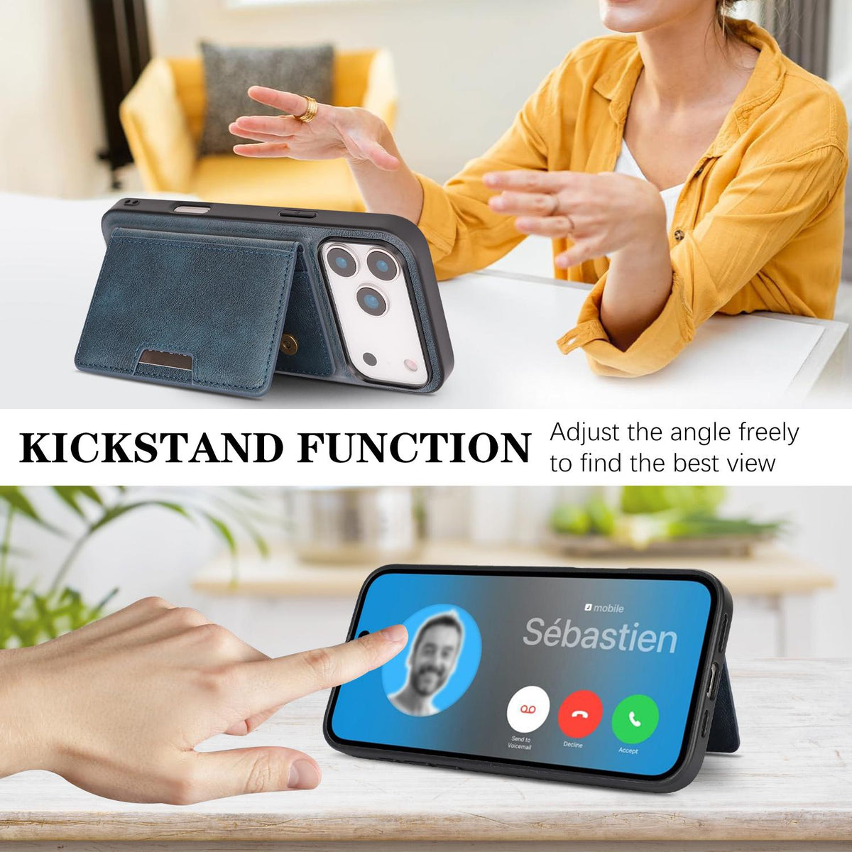 Compatible with iPhone 18 Pro Max Kalebol Strong MagSafe Magnetic Two-Fold Card Bag Leather Phone Case - Blue