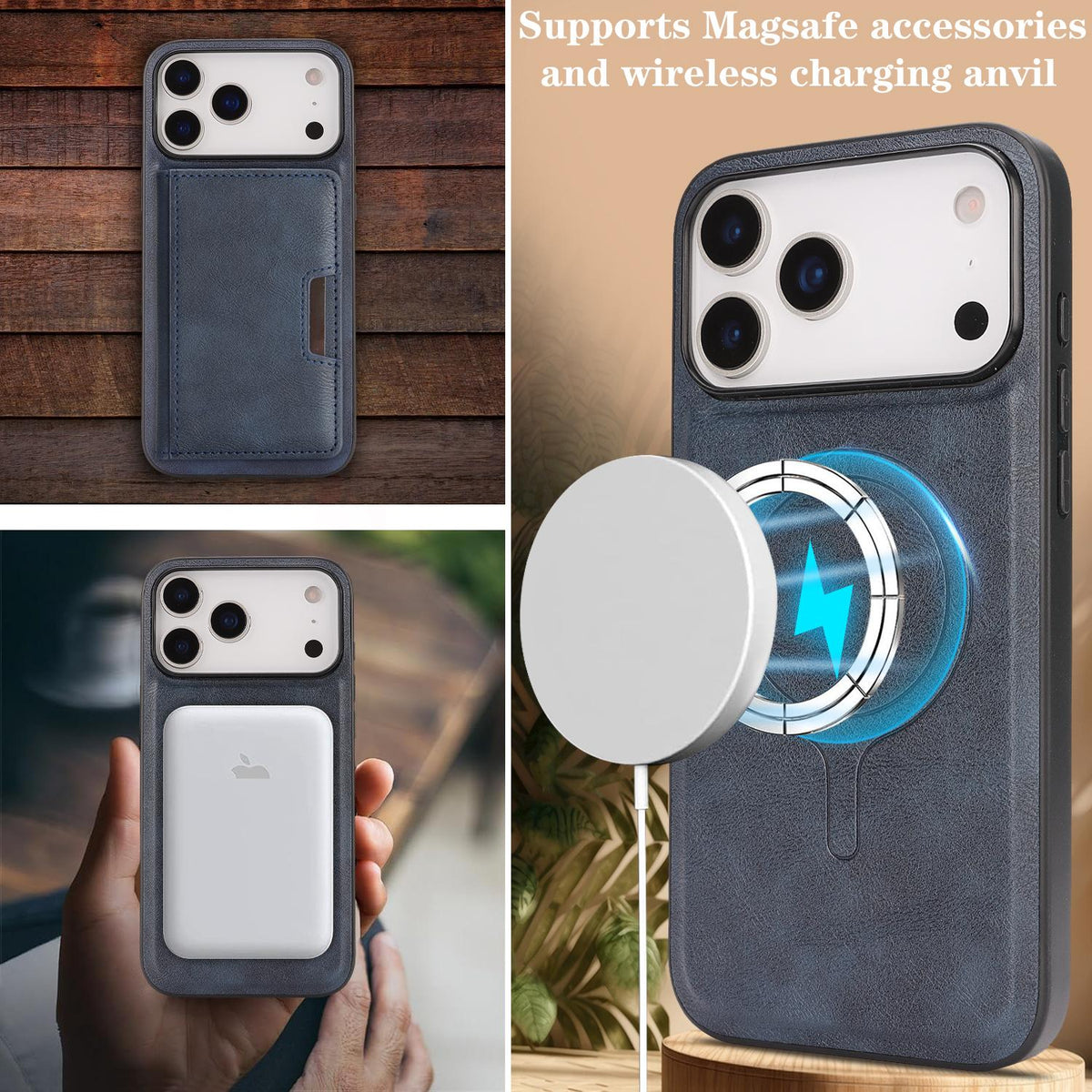 Compatible with iPhone 18 Pro Max Kalebol Strong MagSafe Magnetic Two-Fold Card Bag Leather Phone Case - Blue