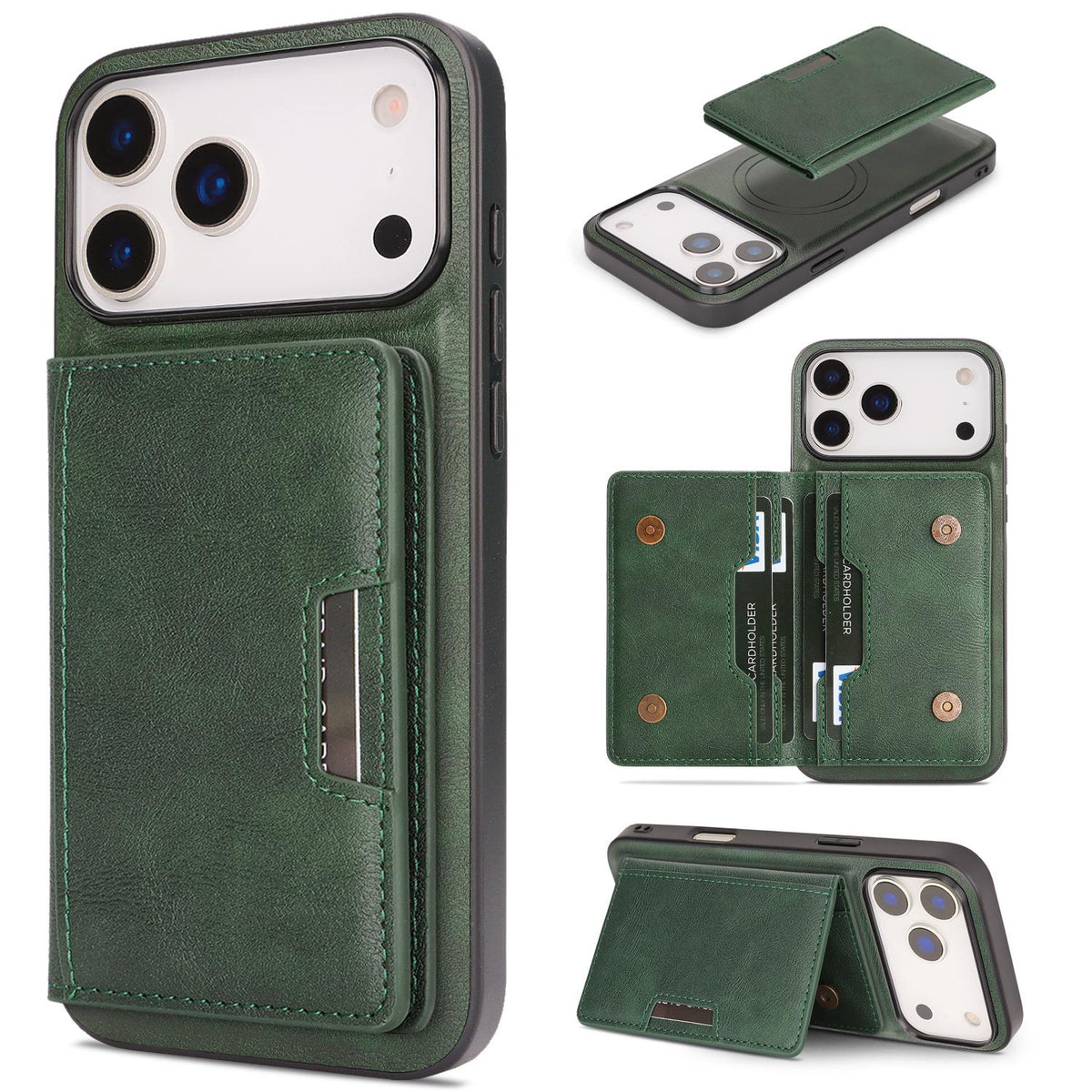 Compatible with iPhone 18 Pro Max Kalebol Strong MagSafe Magnetic Two-Fold Card Bag Leather Phone Case - Green
