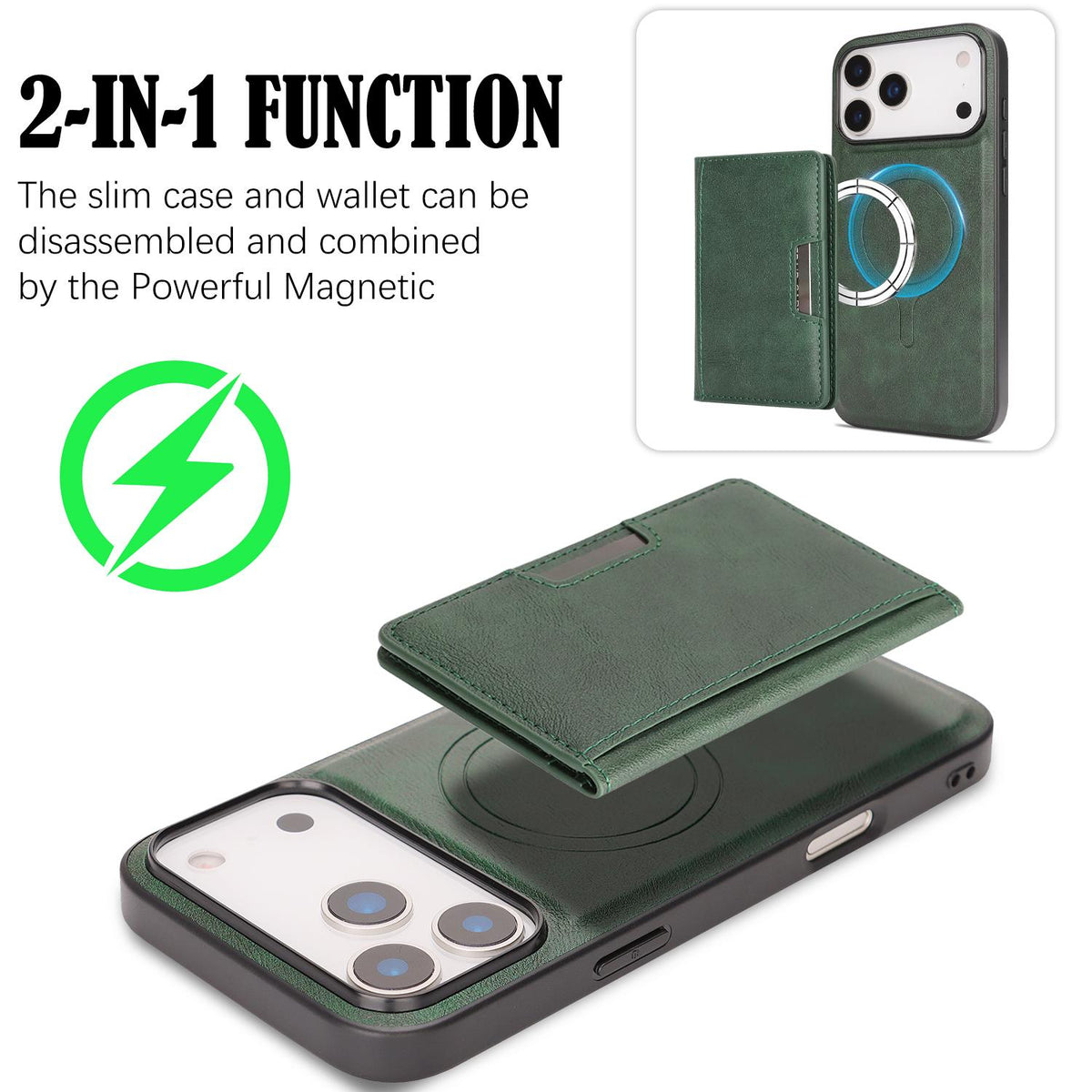 Compatible with iPhone 18 Pro Max Kalebol Strong MagSafe Magnetic Two-Fold Card Bag Leather Phone Case - Green