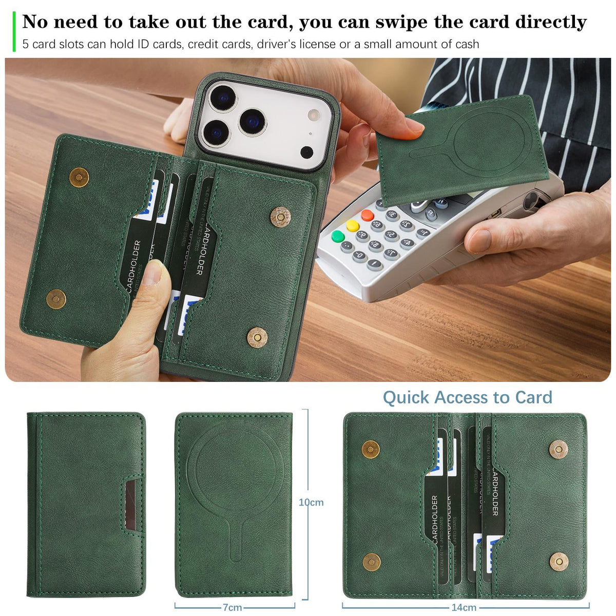 Compatible with iPhone 18 Pro Max Kalebol Strong MagSafe Magnetic Two-Fold Card Bag Leather Phone Case - Green