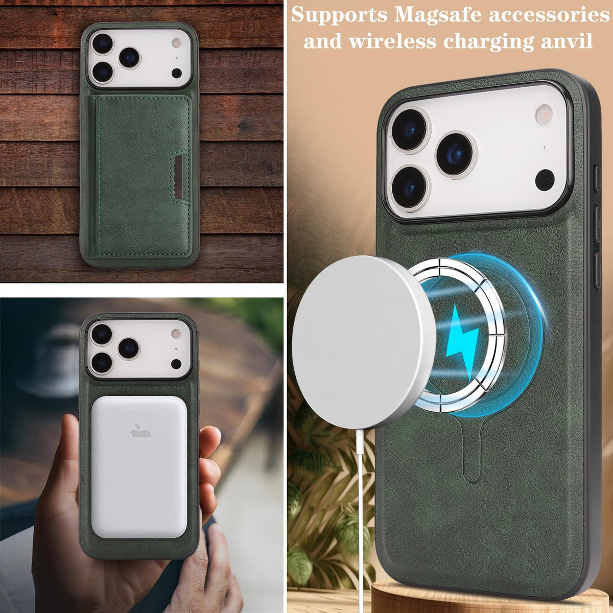 Compatible with iPhone 18 Pro Max Kalebol Strong MagSafe Magnetic Two-Fold Card Bag Leather Phone Case - Green