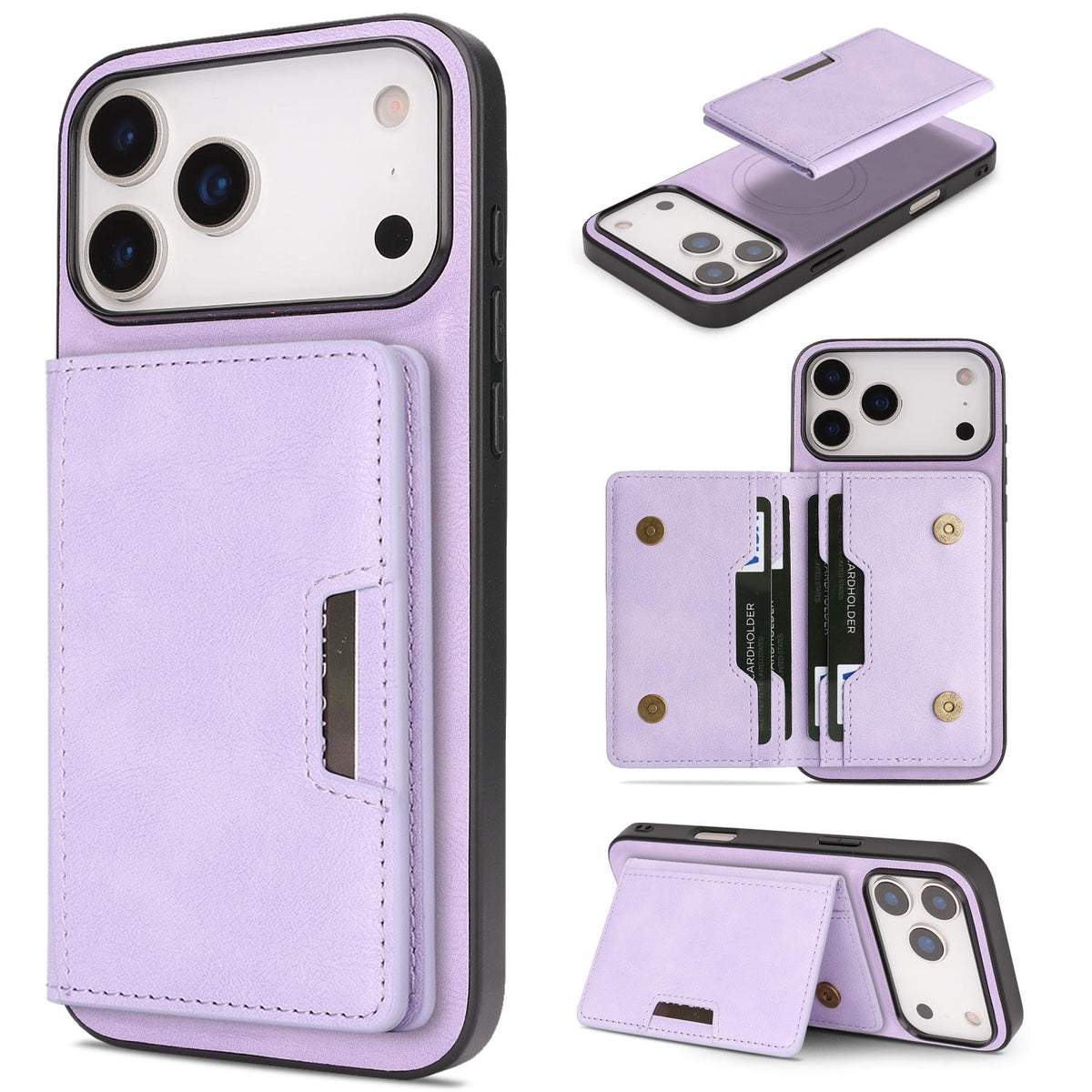 Compatible with iPhone 18 Pro Max Kalebol Strong MagSafe Magnetic Two-Fold Card Bag Leather Phone Case - Purple