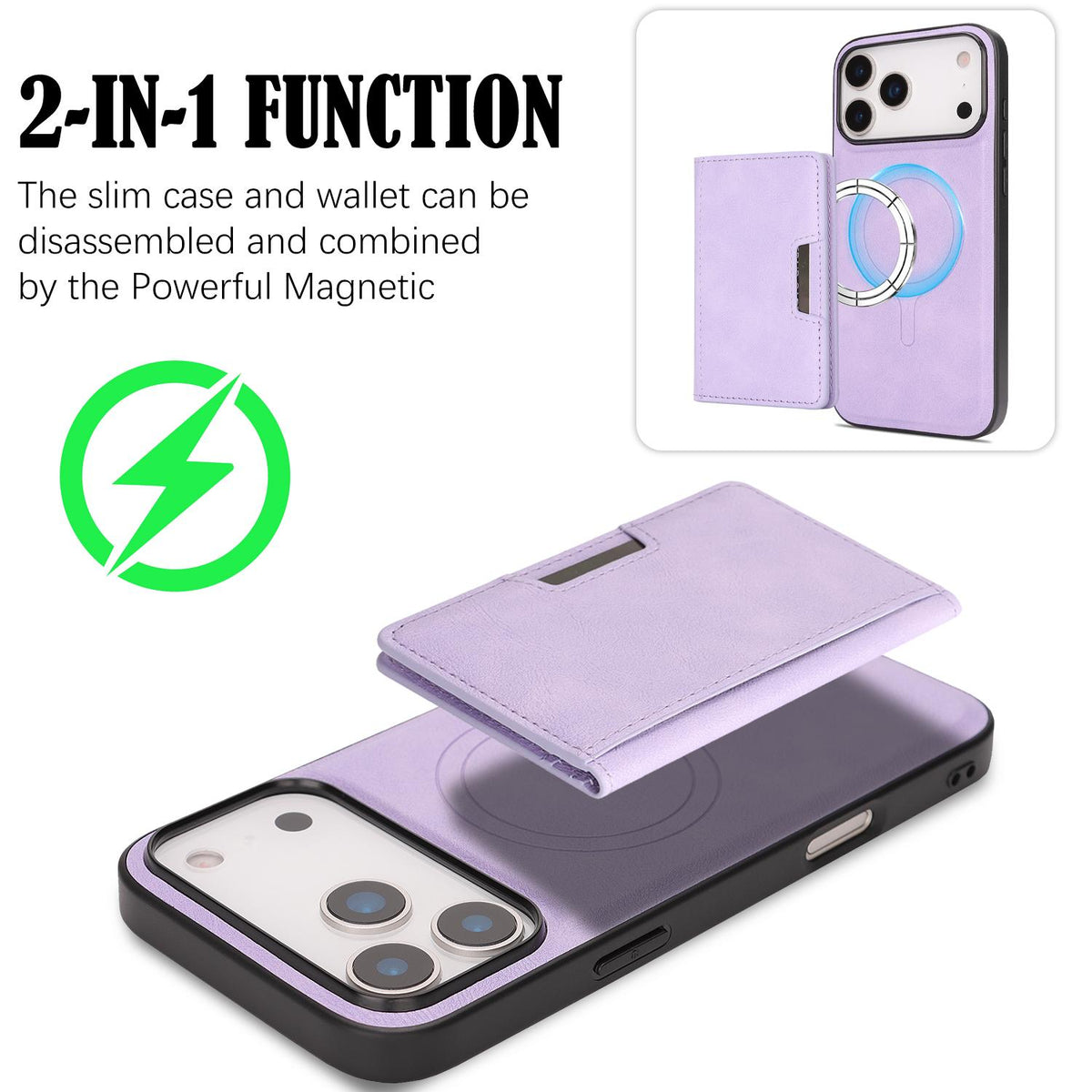 Compatible with iPhone 18 Pro Max Kalebol Strong MagSafe Magnetic Two-Fold Card Bag Leather Phone Case - Purple