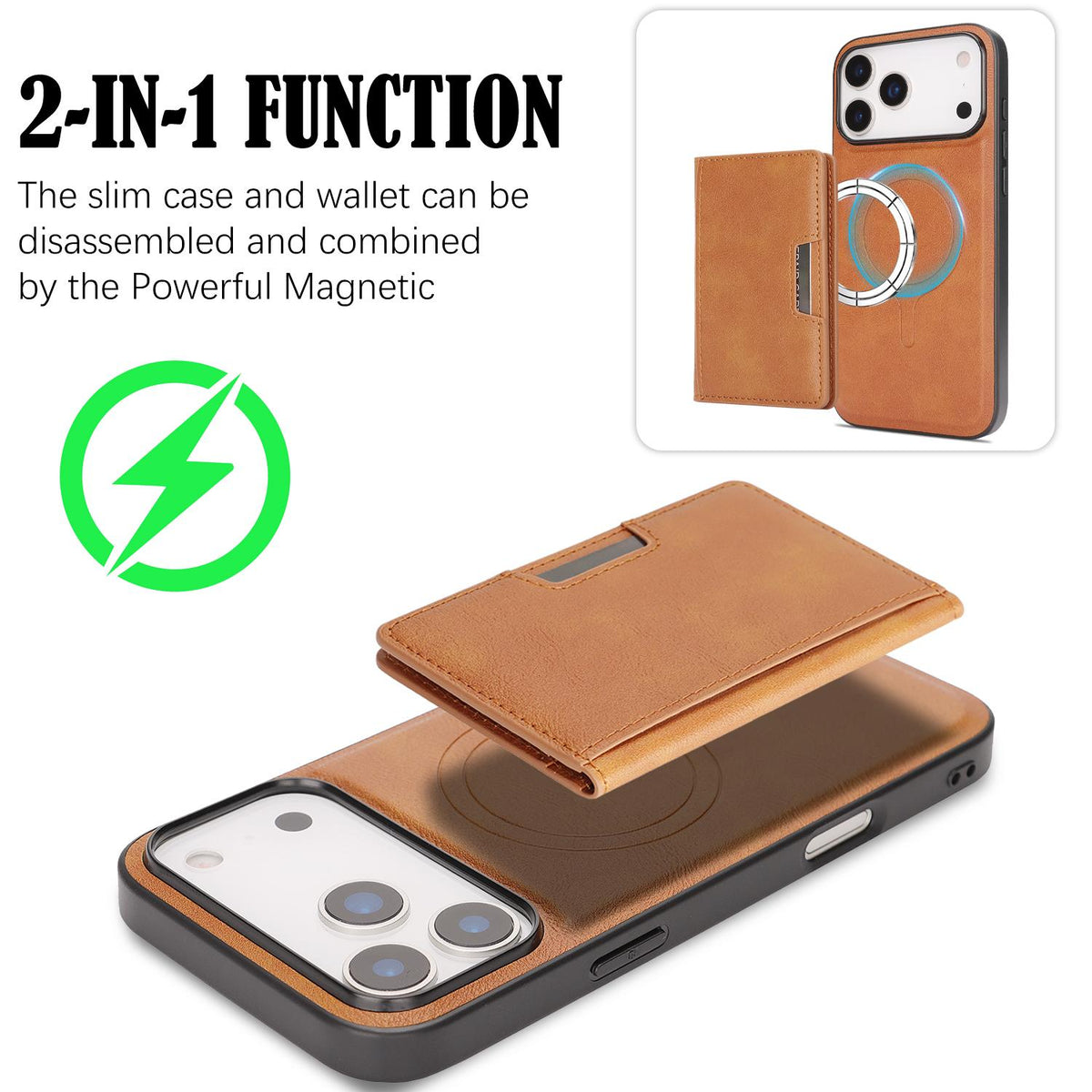 Compatible with iPhone 18 Pro Kalebol Strong MagSafe Magnetic Two-Fold Card Bag Leather Phone Case - Brown
