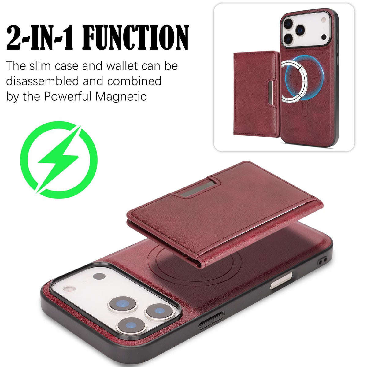 Compatible with iPhone 18 Pro Kalebol Strong MagSafe Magnetic Two-Fold Card Bag Leather Phone Case - Red
