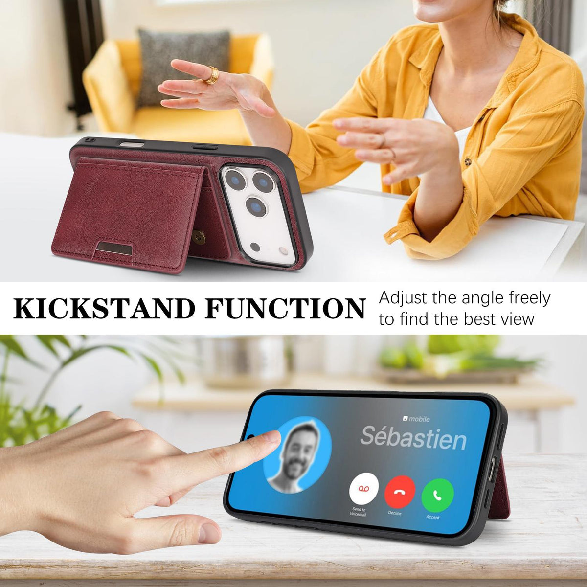 Compatible with iPhone 18 Pro Kalebol Strong MagSafe Magnetic Two-Fold Card Bag Leather Phone Case - Red
