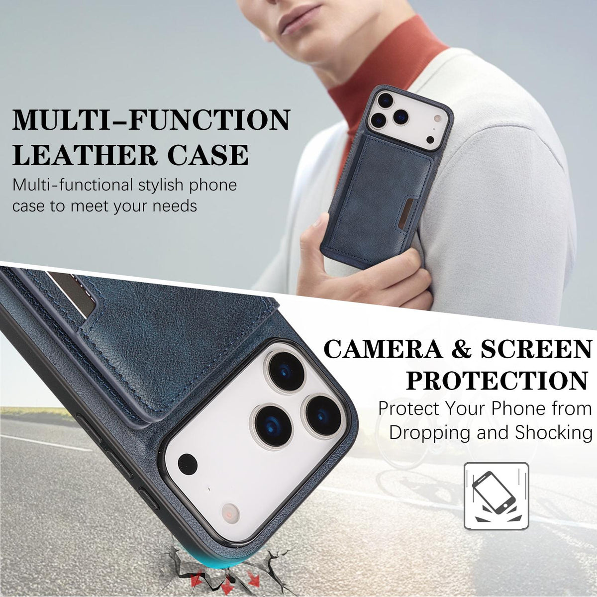 Compatible with iPhone 18 Pro Kalebol Strong MagSafe Magnetic Two-Fold Card Bag Leather Phone Case - Blue
