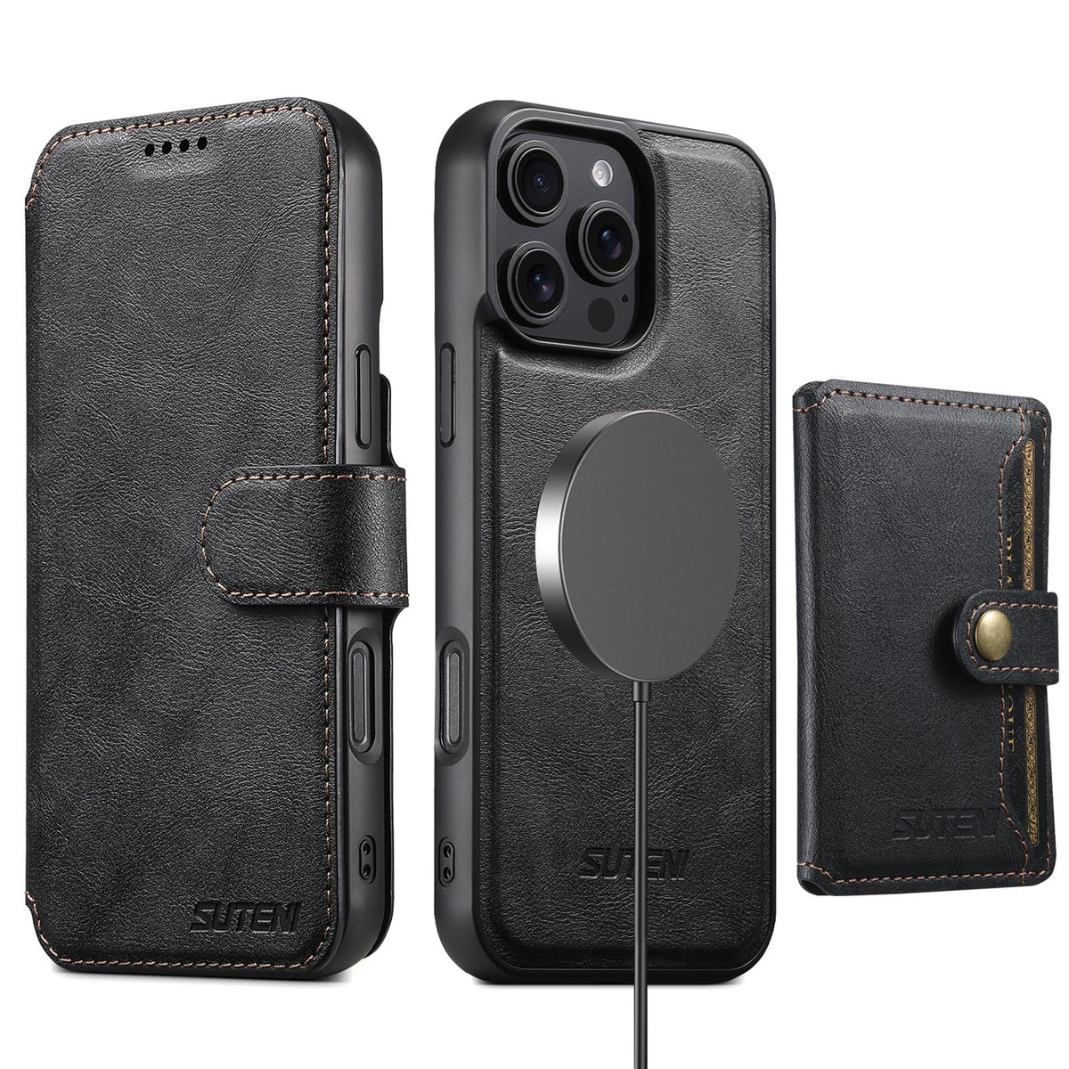Compatible with iPhone 18 Pro Max Suteni Q05S1 3-in-1 Detachable Wallet MagSafe Leather Phone Case - Black