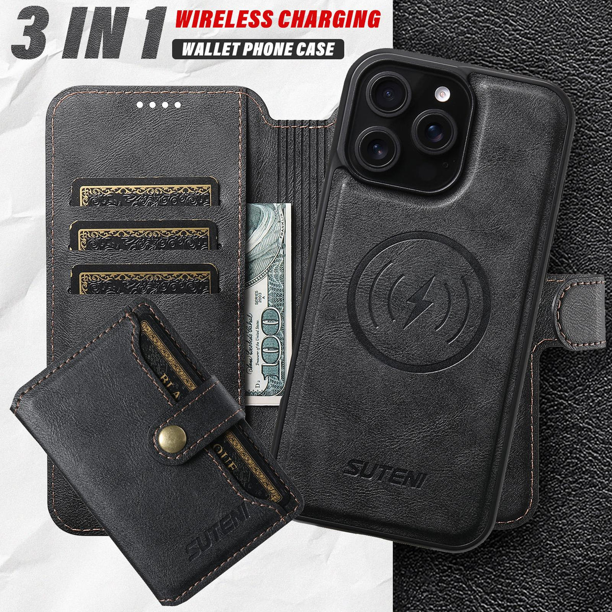 Compatible with iPhone 18 Pro Max Suteni Q05S1 3-in-1 Detachable Wallet MagSafe Leather Phone Case - Black