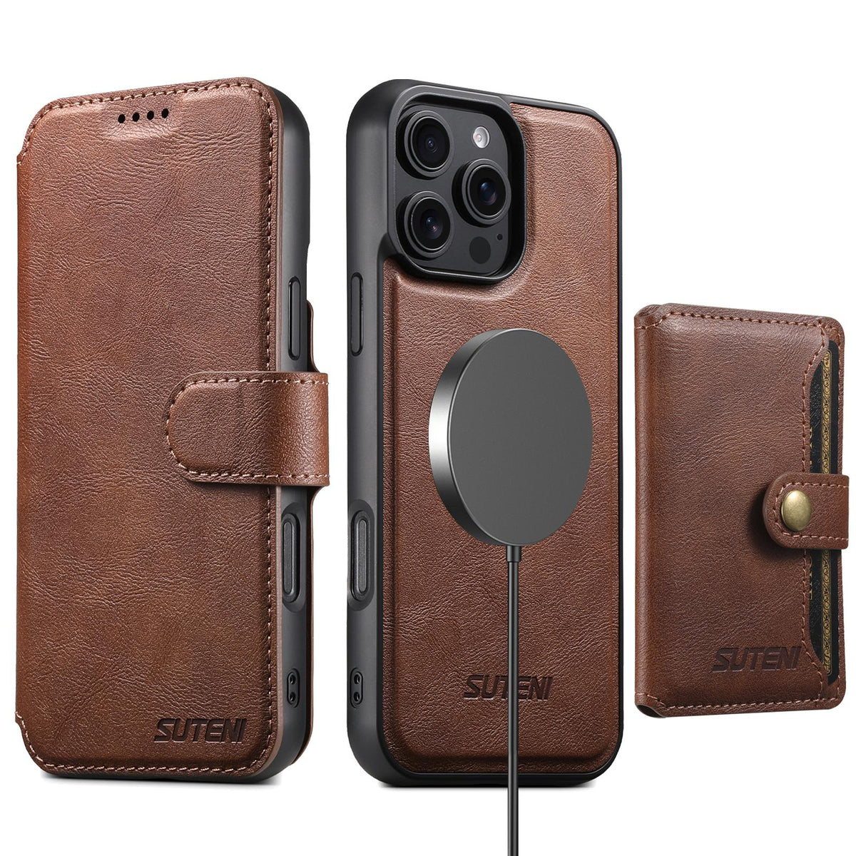 Compatible with iPhone 18 Pro Max Suteni Q05S1 3-in-1 Detachable Wallet MagSafe Leather Phone Case - Brown