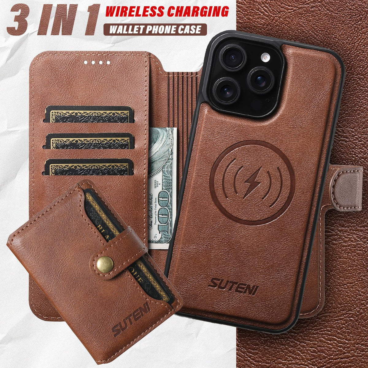 Compatible with iPhone 18 Pro Max Suteni Q05S1 3-in-1 Detachable Wallet MagSafe Leather Phone Case - Brown