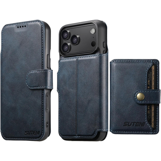 Compatible with iPhone 18 Pro Max Suteni Q05S1 3-in-1 Detachable Wallet MagSafe Leather Phone Case - Blue
