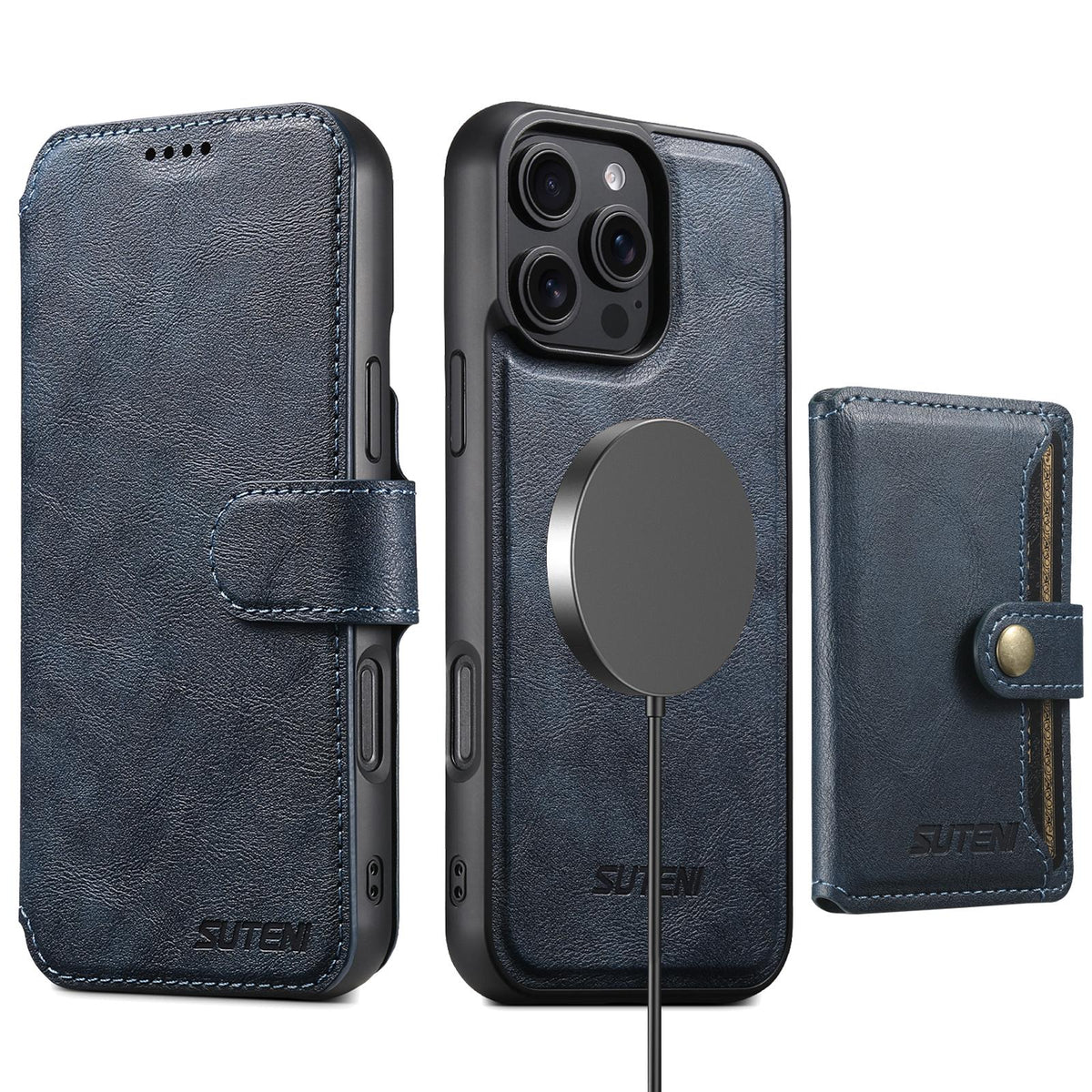 Compatible with iPhone 18 Pro Suteni Q05S1 3-in-1 Detachable Wallet MagSafe Leather Phone Case - Blue