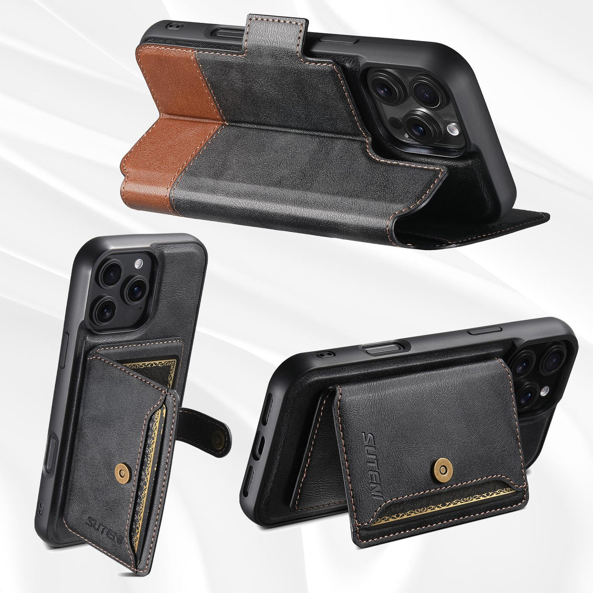 Compatible with iPhone 18 Pro Max Suteni Q06S1 3-in-1 Splicing Detachable Wallet MagSafe Leather Phone Case - Black