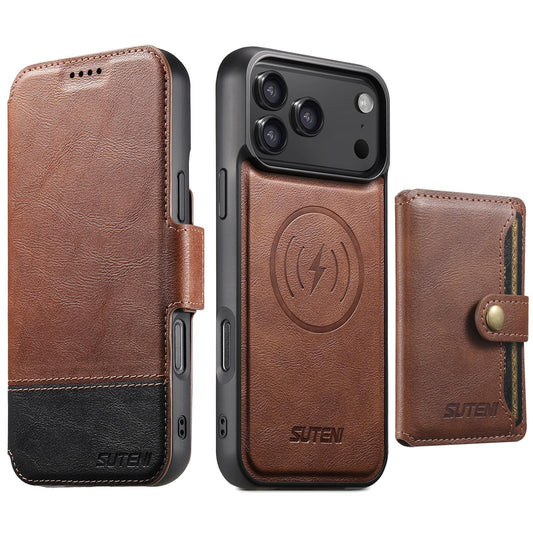 Compatible with iPhone 18 Pro Max Suteni Q06S1 3-in-1 Splicing Detachable Wallet MagSafe Leather Phone Case - Brown