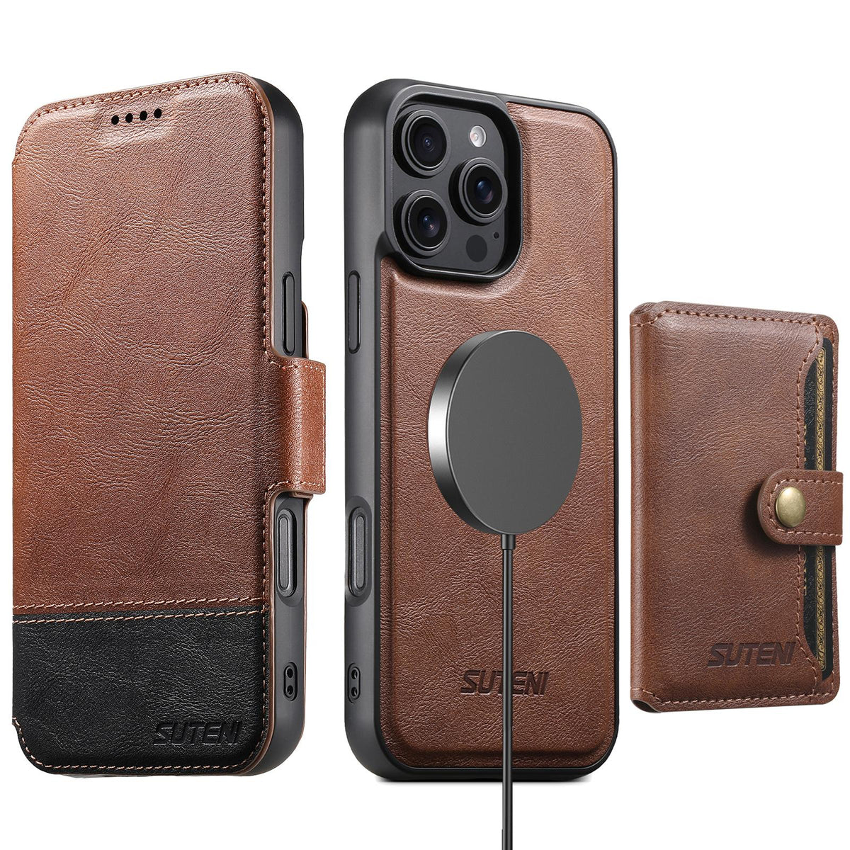 Compatible with iPhone 18 Pro Max Suteni Q06S1 3-in-1 Splicing Detachable Wallet MagSafe Leather Phone Case - Brown
