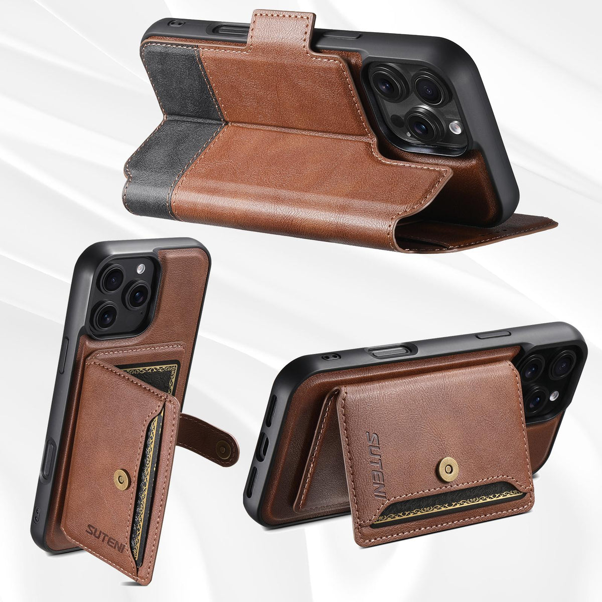 Compatible with iPhone 18 Pro Max Suteni Q06S1 3-in-1 Splicing Detachable Wallet MagSafe Leather Phone Case - Brown