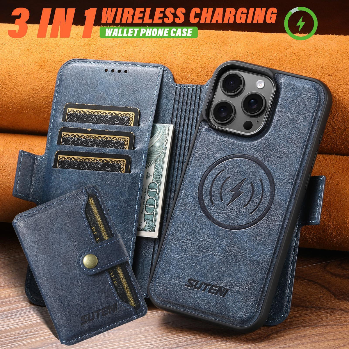 Compatible with iPhone 18 Pro Max Suteni Q06S1 3-in-1 Splicing Detachable Wallet MagSafe Leather Phone Case - Blue