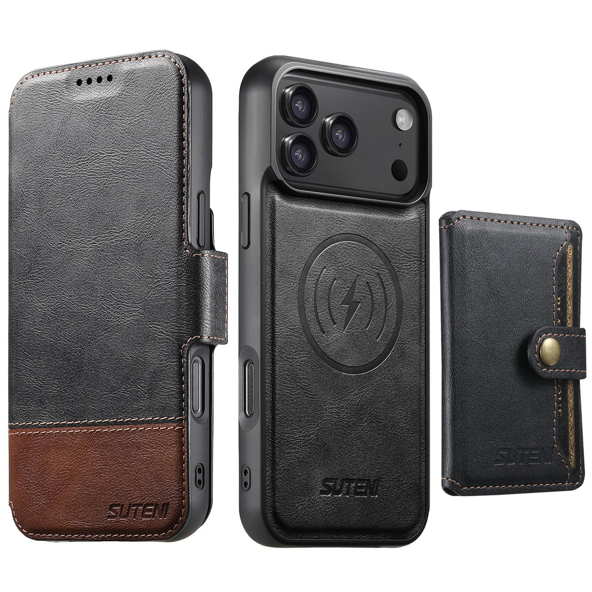 Compatible with iPhone 18 Pro Suteni Q06S1 3-in-1 Splicing Detachable Wallet MagSafe Leather Phone Case - Black