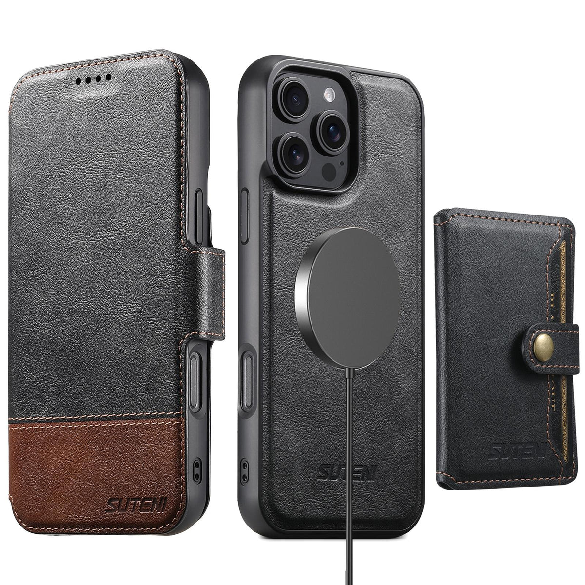 Compatible with iPhone 18 Pro Suteni Q06S1 3-in-1 Splicing Detachable Wallet MagSafe Leather Phone Case - Black