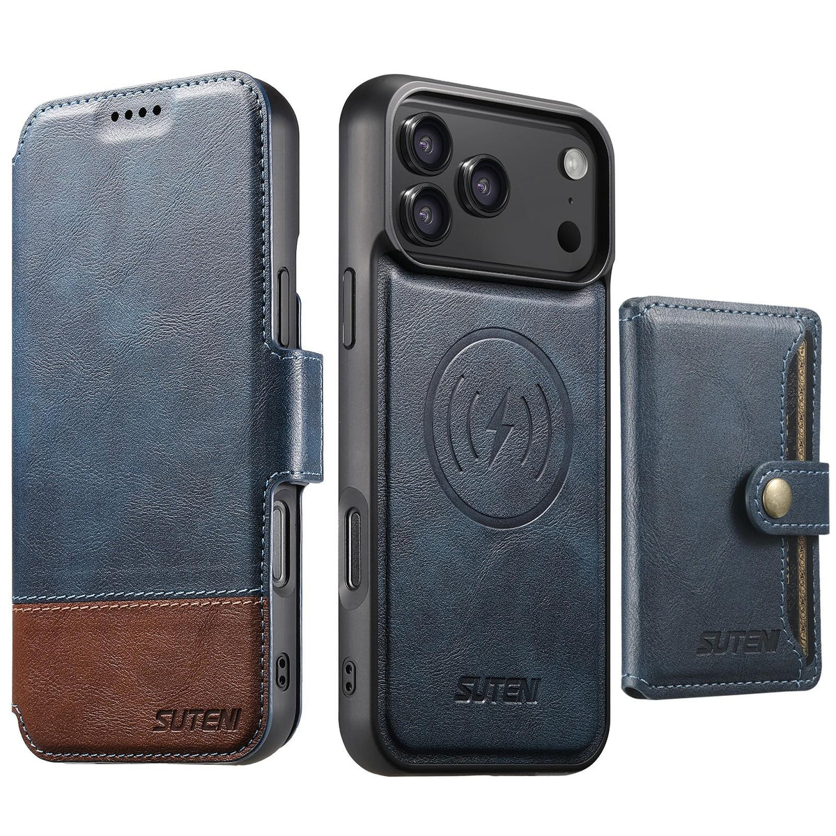 Compatible with iPhone 18 Pro Suteni Q06S1 3-in-1 Splicing Detachable Wallet MagSafe Leather Phone Case - Blue
