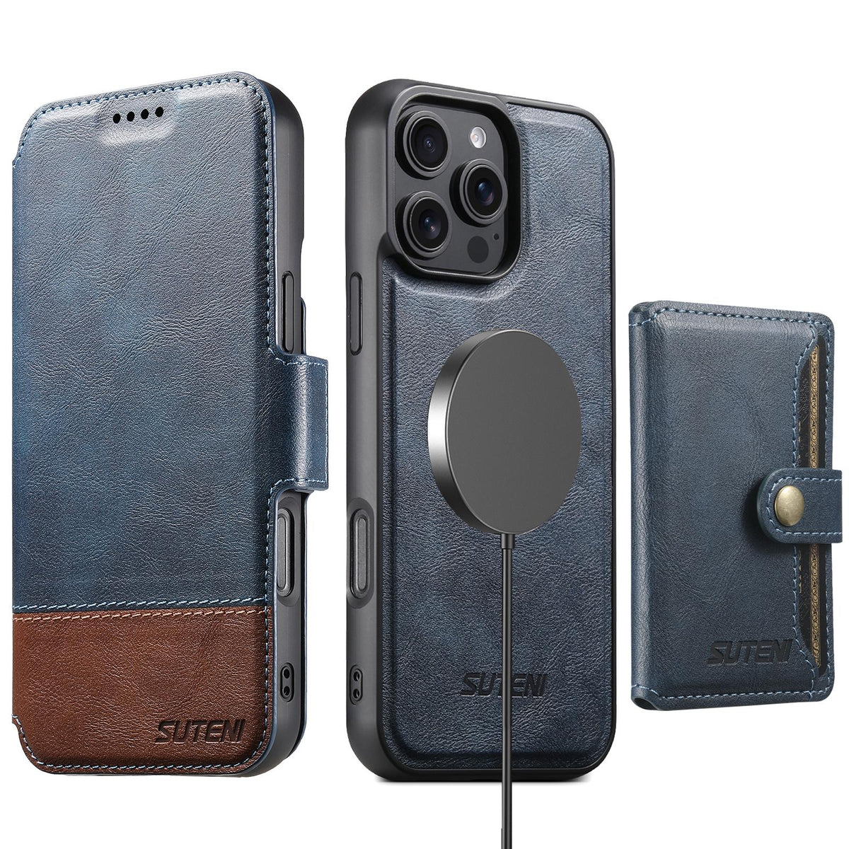 Compatible with iPhone 18 Pro Suteni Q06S1 3-in-1 Splicing Detachable Wallet MagSafe Leather Phone Case - Blue