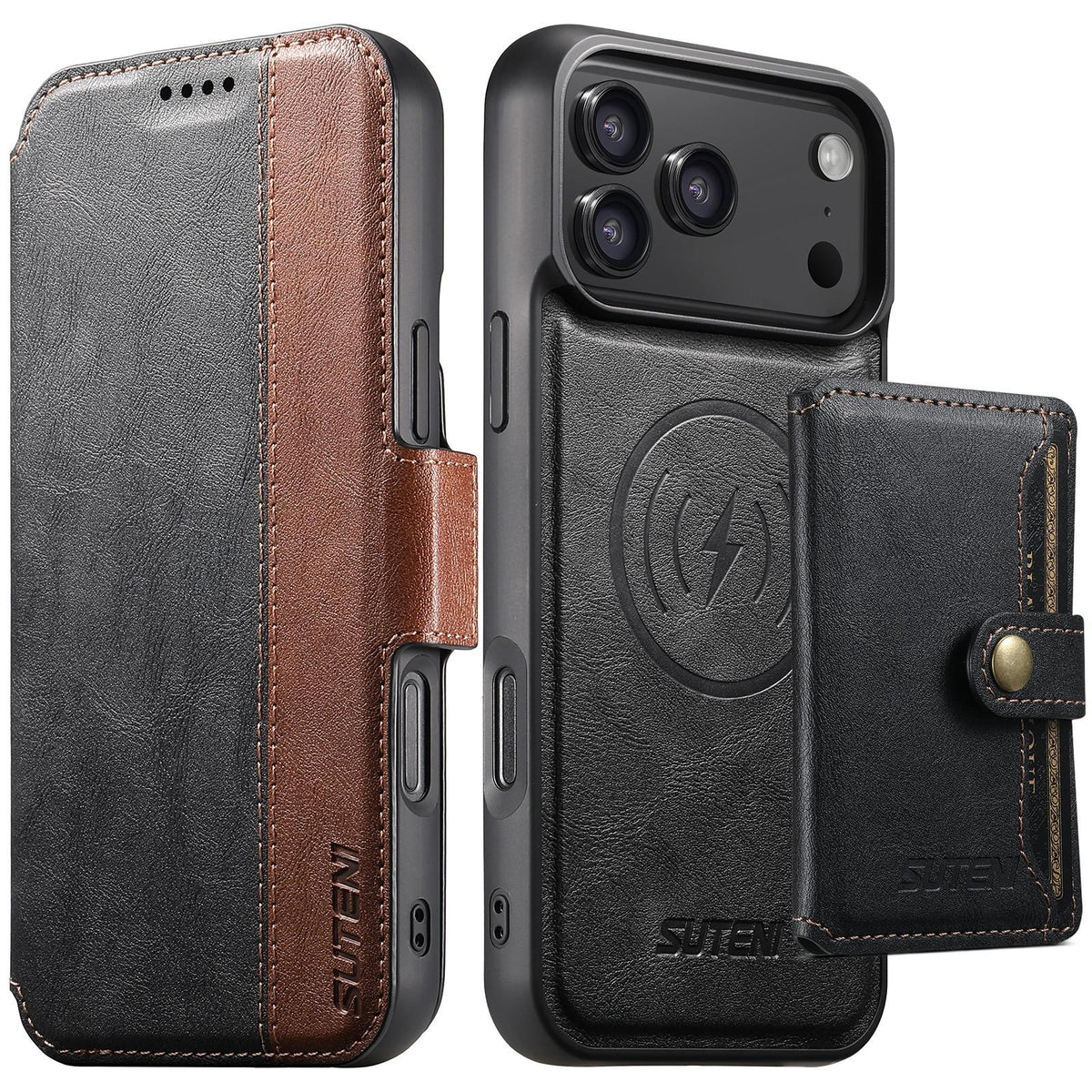 Compatible with iPhone 18 Pro Max Suteni Q07S1 3-in-1 Detachable Wallet MagSafe Splicing Leather Phone Case - Black