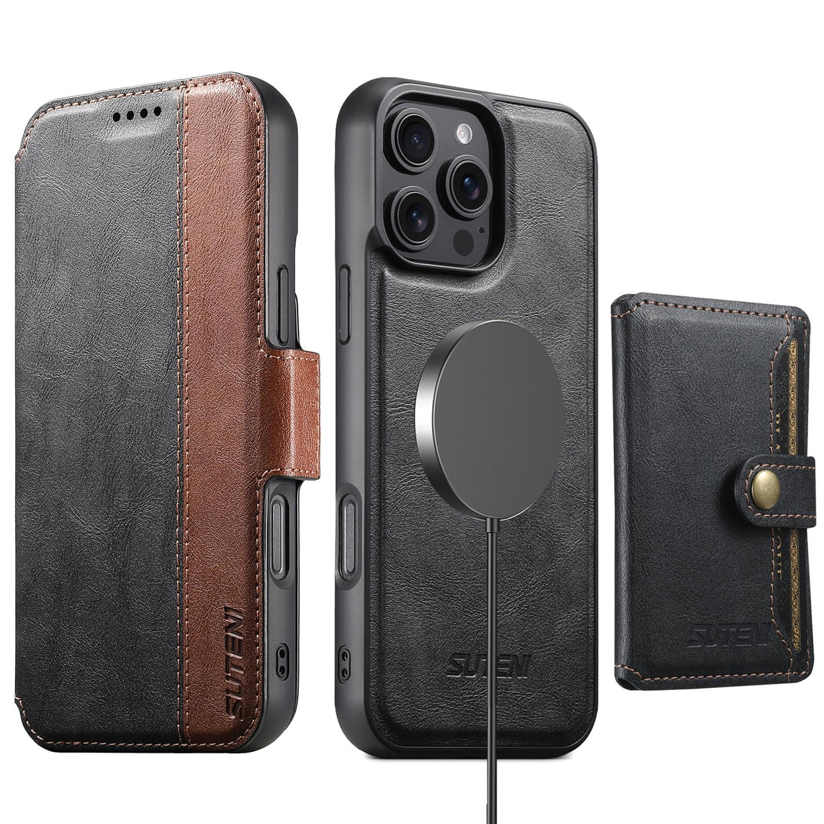 Compatible with iPhone 18 Pro Max Suteni Q07S1 3-in-1 Detachable Wallet MagSafe Splicing Leather Phone Case - Black