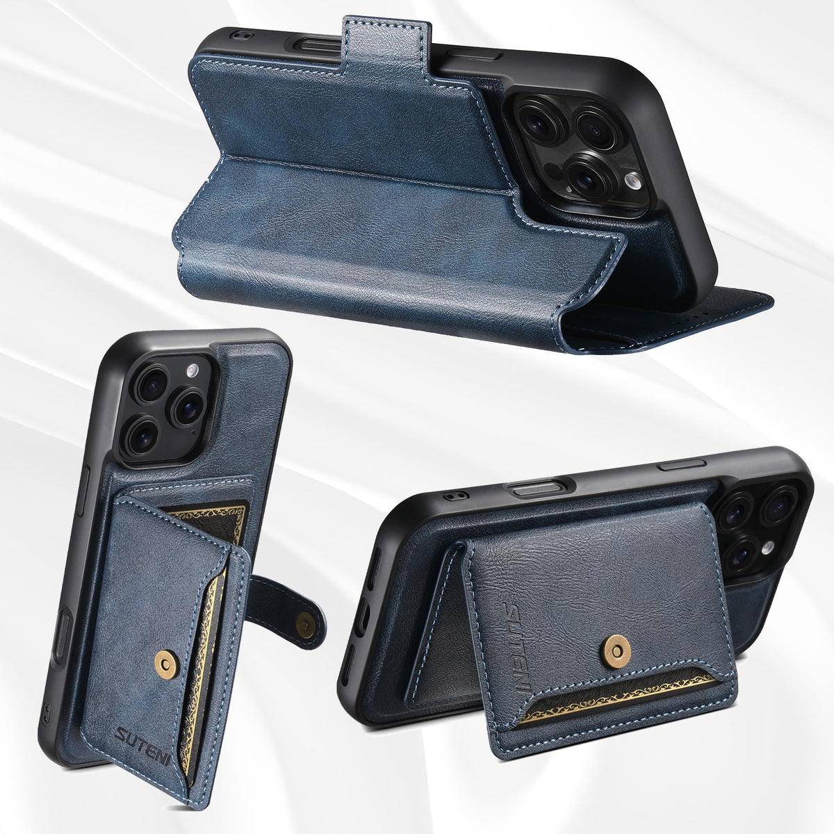 Compatible with iPhone 18 Pro Suteni Q07S1 3-in-1 Detachable Wallet MagSafe Splicing Leather Phone Case - Blue