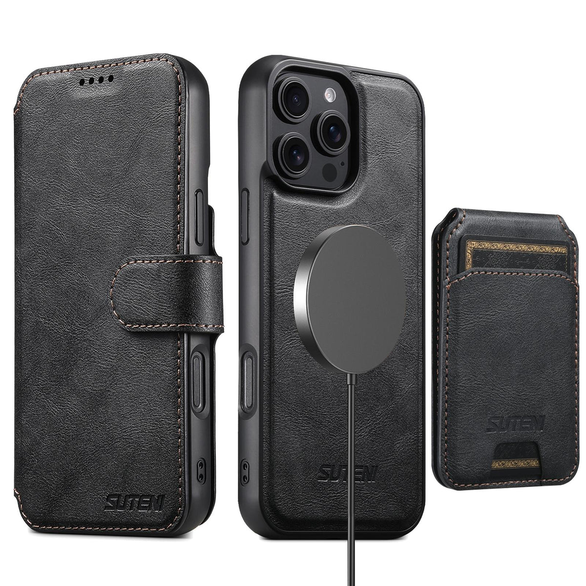 Compatible with iPhone 18 Pro Max Suteni Q05S2 3-in-1 Detachable Vertical Flip Wallet MagSafe Leather Phone Case - Black