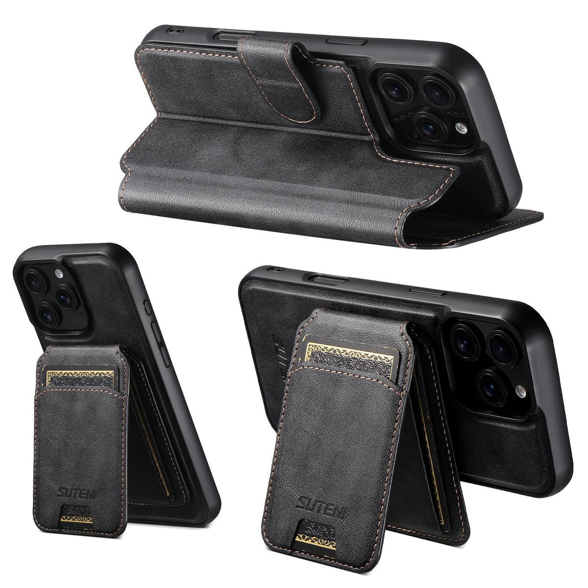 Compatible with iPhone 18 Pro Max Suteni Q05S2 3-in-1 Detachable Vertical Flip Wallet MagSafe Leather Phone Case - Black
