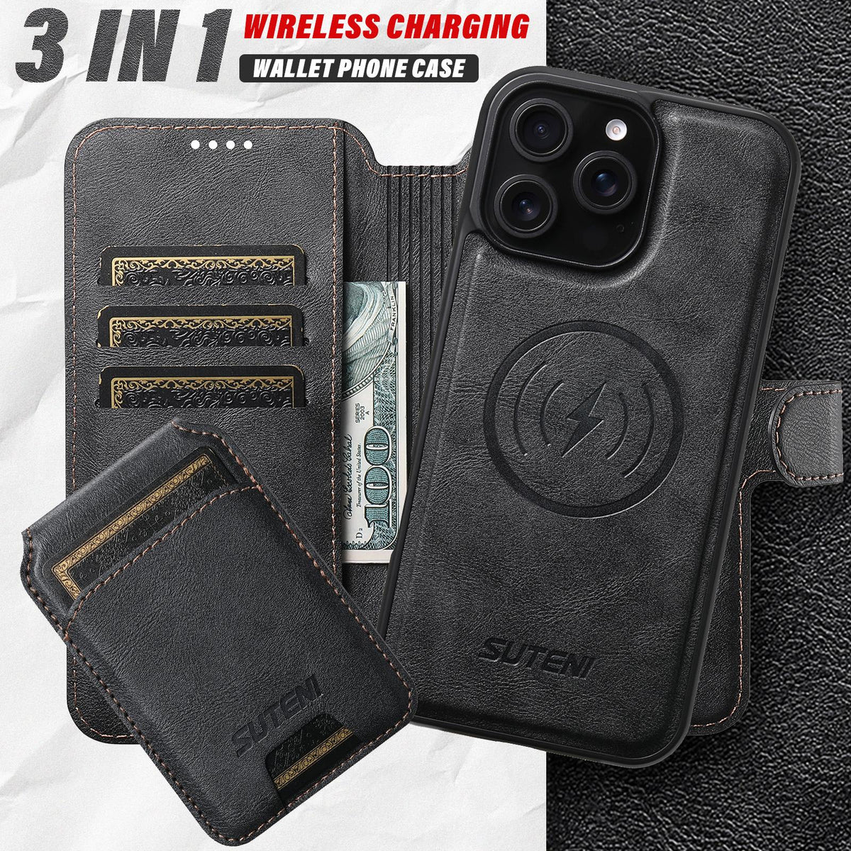 Compatible with iPhone 18 Pro Max Suteni Q05S2 3-in-1 Detachable Vertical Flip Wallet MagSafe Leather Phone Case - Black