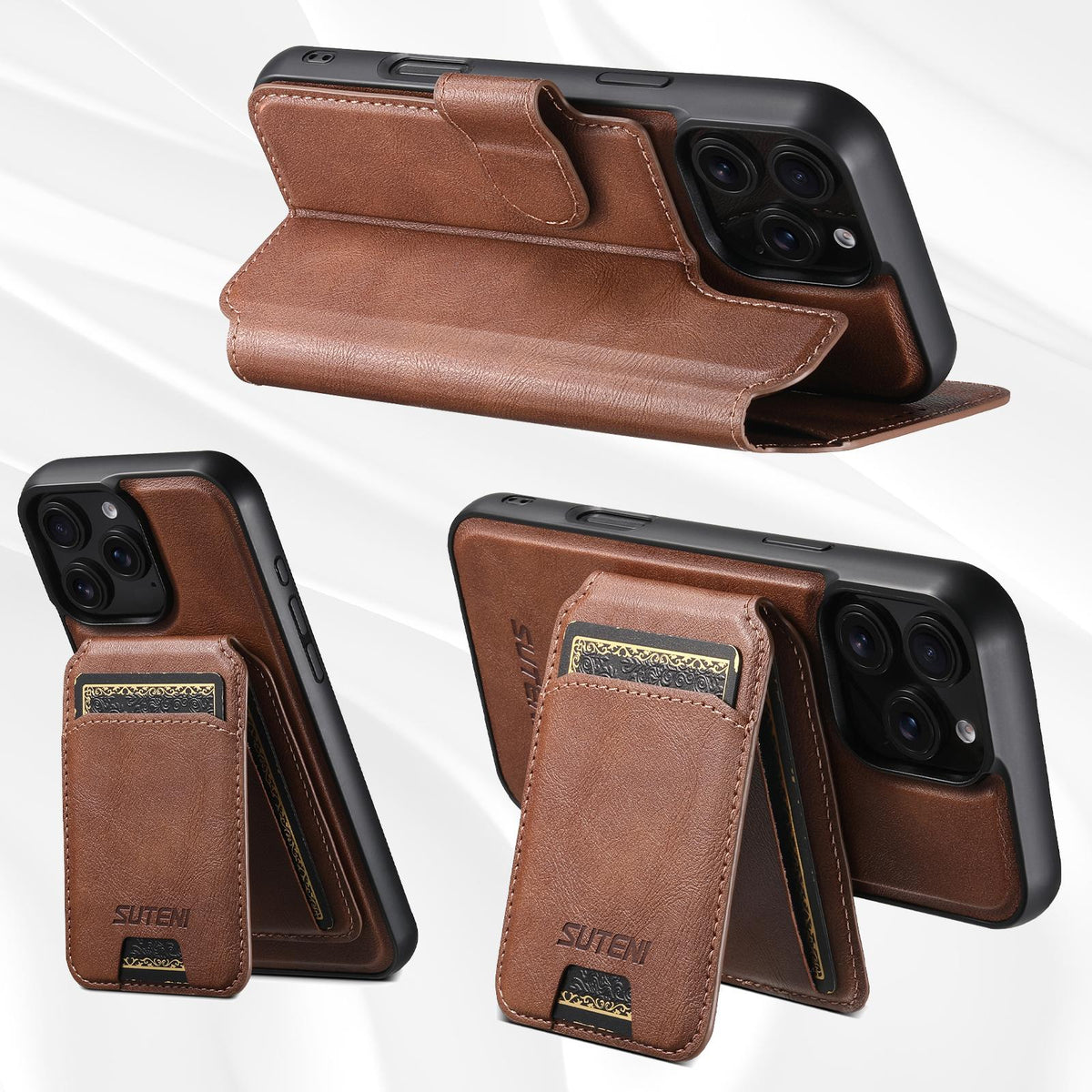 Compatible with iPhone 18 Pro Max Suteni Q05S2 3-in-1 Detachable Vertical Flip Wallet MagSafe Leather Phone Case - Brown