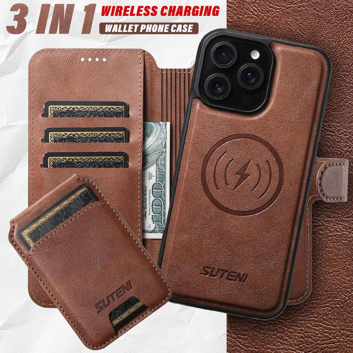 Compatible with iPhone 18 Pro Max Suteni Q05S2 3-in-1 Detachable Vertical Flip Wallet MagSafe Leather Phone Case - Brown