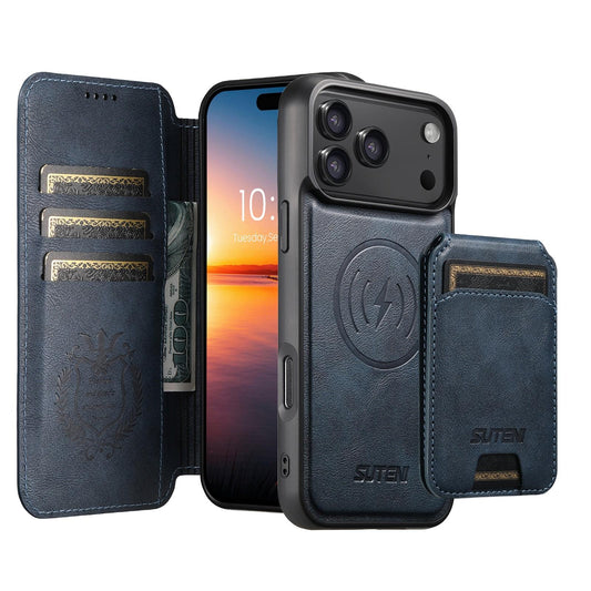 Compatible with iPhone 18 Pro Max Suteni Q05S2 3-in-1 Detachable Vertical Flip Wallet MagSafe Leather Phone Case - Blue