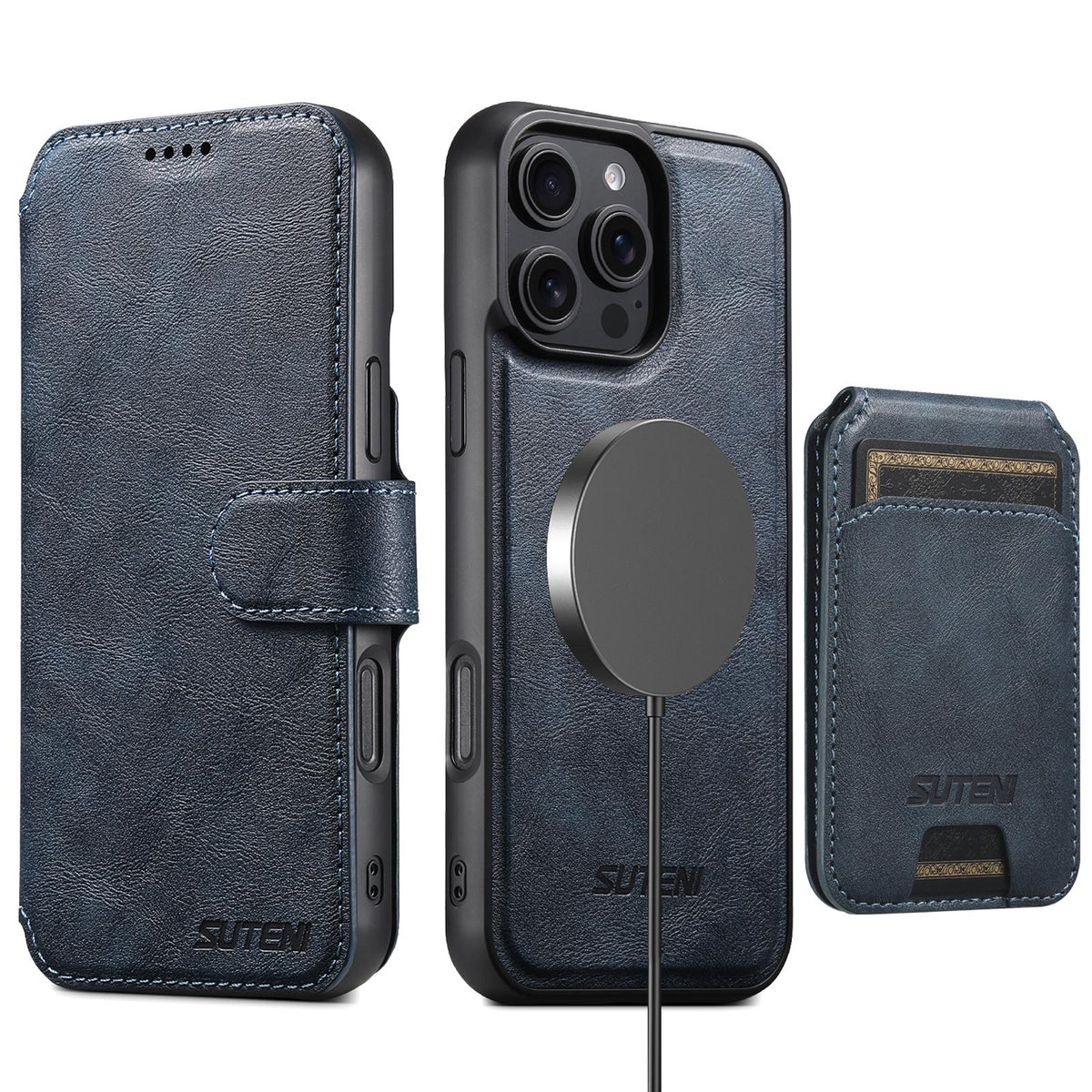 Compatible with iPhone 18 Pro Max Suteni Q05S2 3-in-1 Detachable Vertical Flip Wallet MagSafe Leather Phone Case - Blue