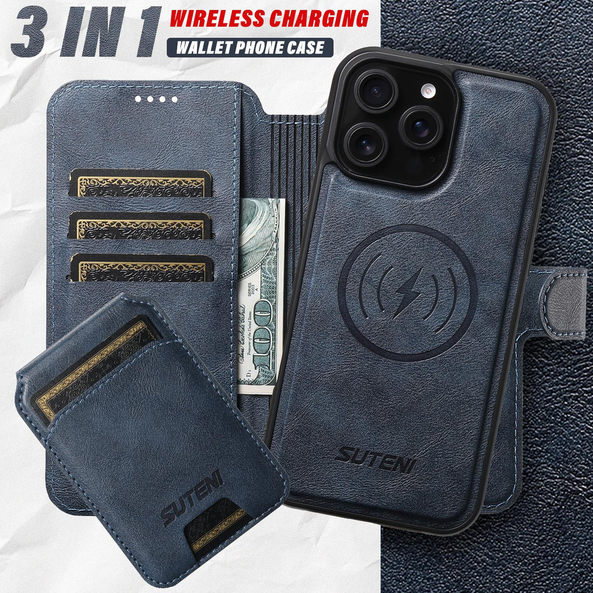 Compatible with iPhone 18 Pro Max Suteni Q05S2 3-in-1 Detachable Vertical Flip Wallet MagSafe Leather Phone Case - Blue