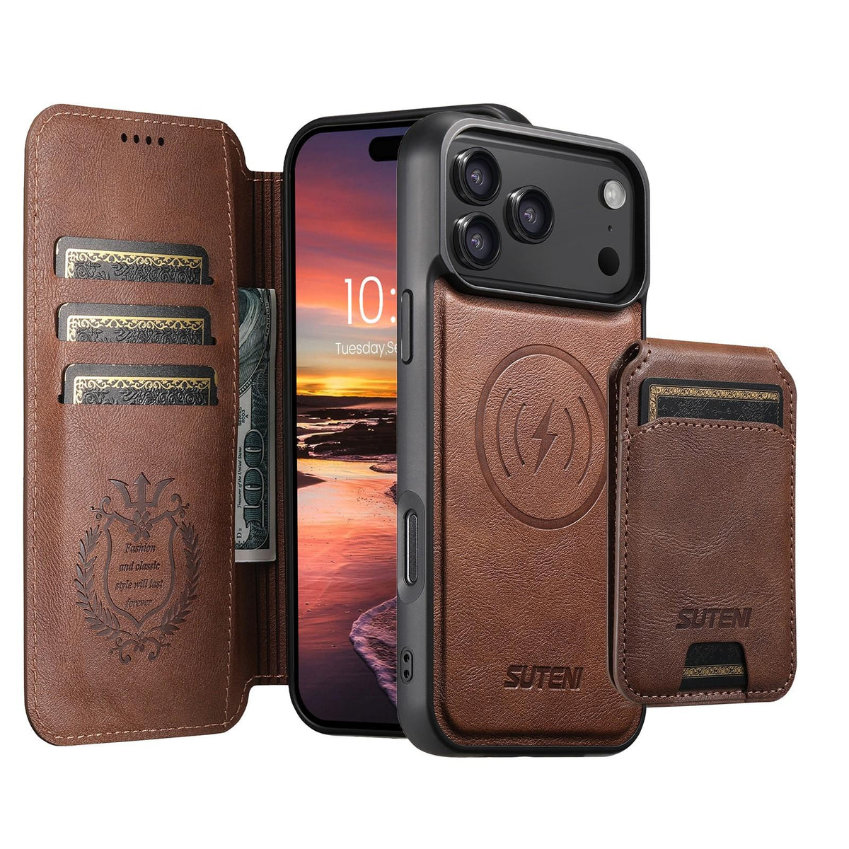 Compatible with iPhone 18 Pro Suteni Q05S2 3-in-1 Detachable Vertical Flip Wallet MagSafe Leather Phone Case - Brown