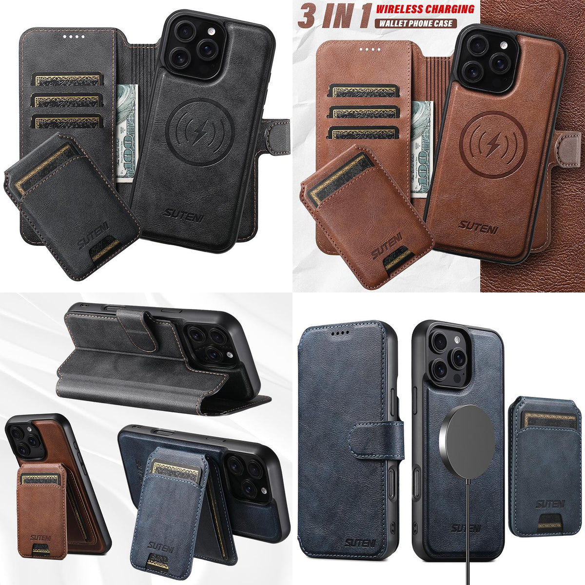 Compatible with iPhone 18 Pro Max Suteni Q05S2 3-in-1 Detachable Vertical Flip Wallet MagSafe Leather Phone Case - Blue