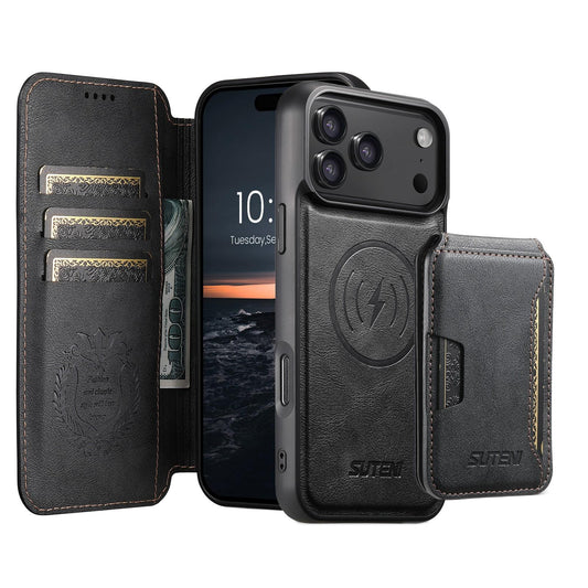Compatible with iPhone 18 Pro Max Suteni Q05S3 3-in-1 Detachable Vertical Flip Wallet MagSafe Leather Phone Case - Black