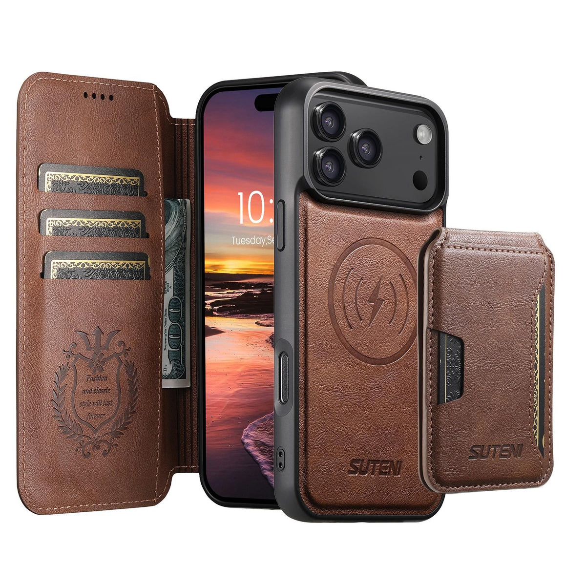 Compatible with iPhone 18 Pro Max Suteni Q05S3 3-in-1 Detachable Vertical Flip Wallet MagSafe Leather Phone Case - Brown