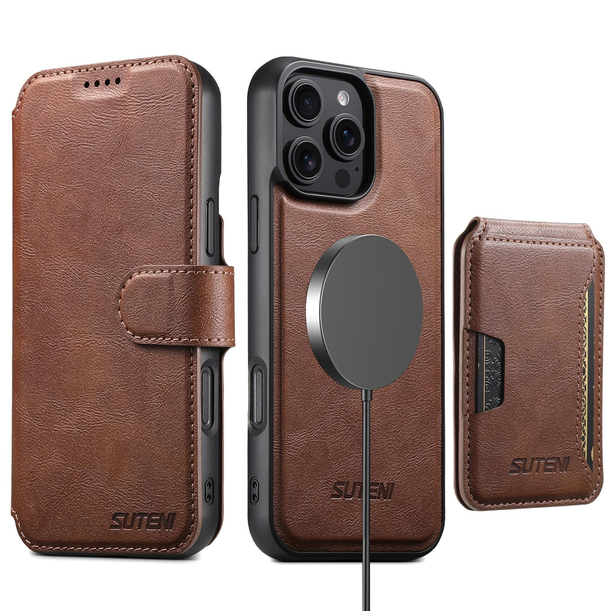 Compatible with iPhone 18 Pro Max Suteni Q05S3 3-in-1 Detachable Vertical Flip Wallet MagSafe Leather Phone Case - Brown