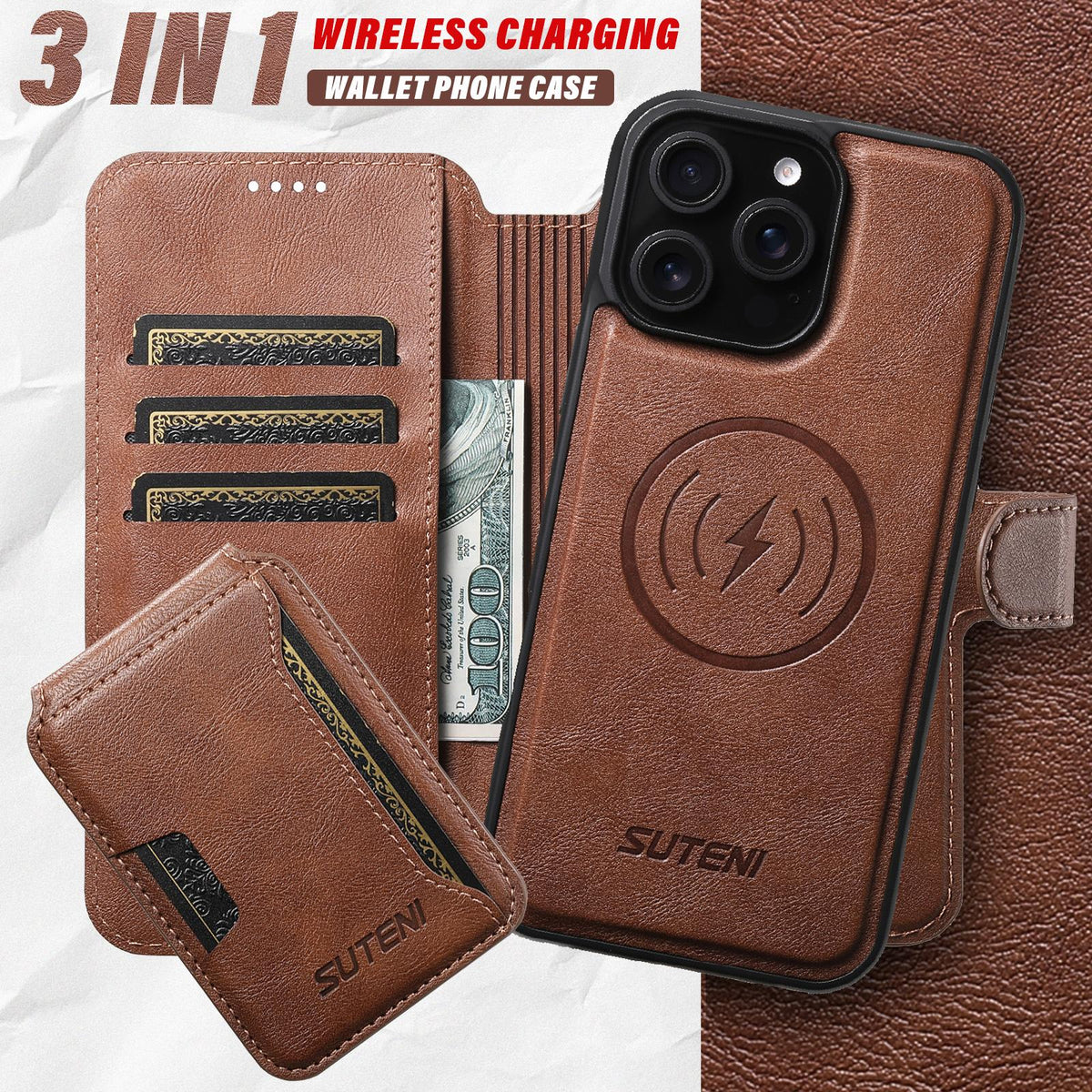 Compatible with iPhone 18 Pro Max Suteni Q05S3 3-in-1 Detachable Vertical Flip Wallet MagSafe Leather Phone Case - Brown