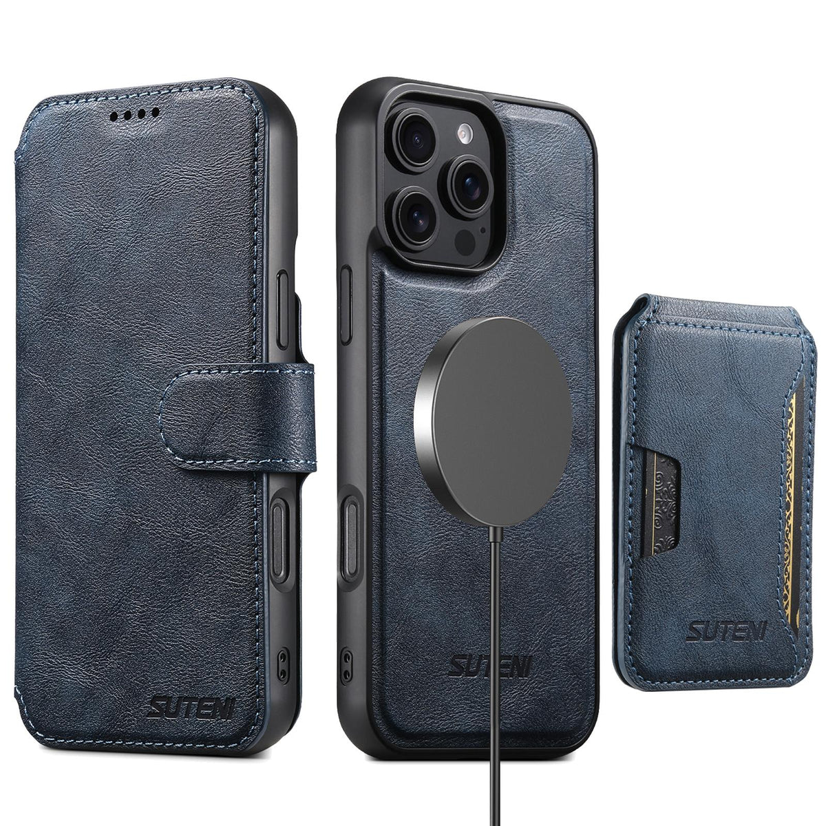 Compatible with iPhone 18 Pro Max Suteni Q05S3 3-in-1 Detachable Vertical Flip Wallet MagSafe Leather Phone Case - Blue