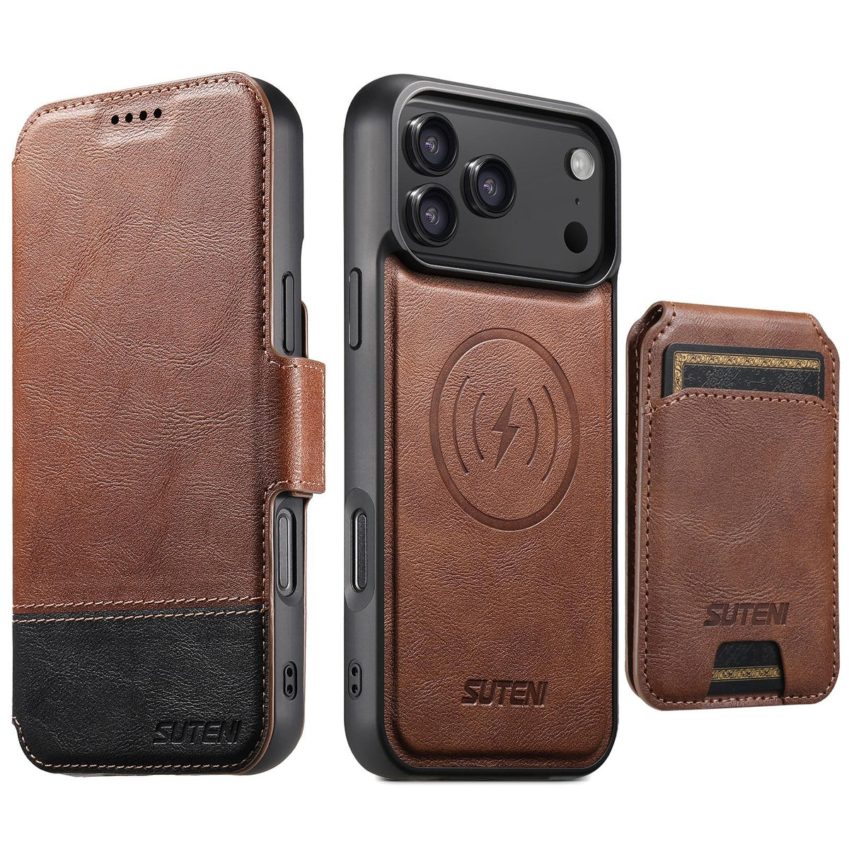 Compatible with iPhone 18 Pro Max Suteni Q06S2 3-in-1 Detachable Vertical Flip Wallet MagSafe Splicing Leather Phone Case - Brown