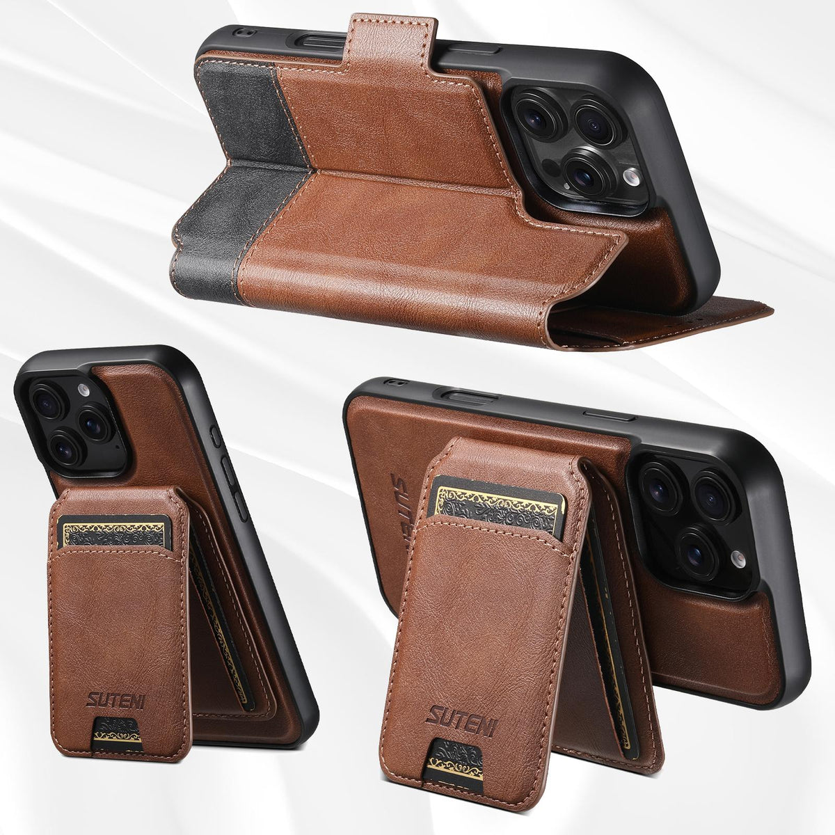 Compatible with iPhone 18 Pro Max Suteni Q06S2 3-in-1 Detachable Vertical Flip Wallet MagSafe Splicing Leather Phone Case - Brown